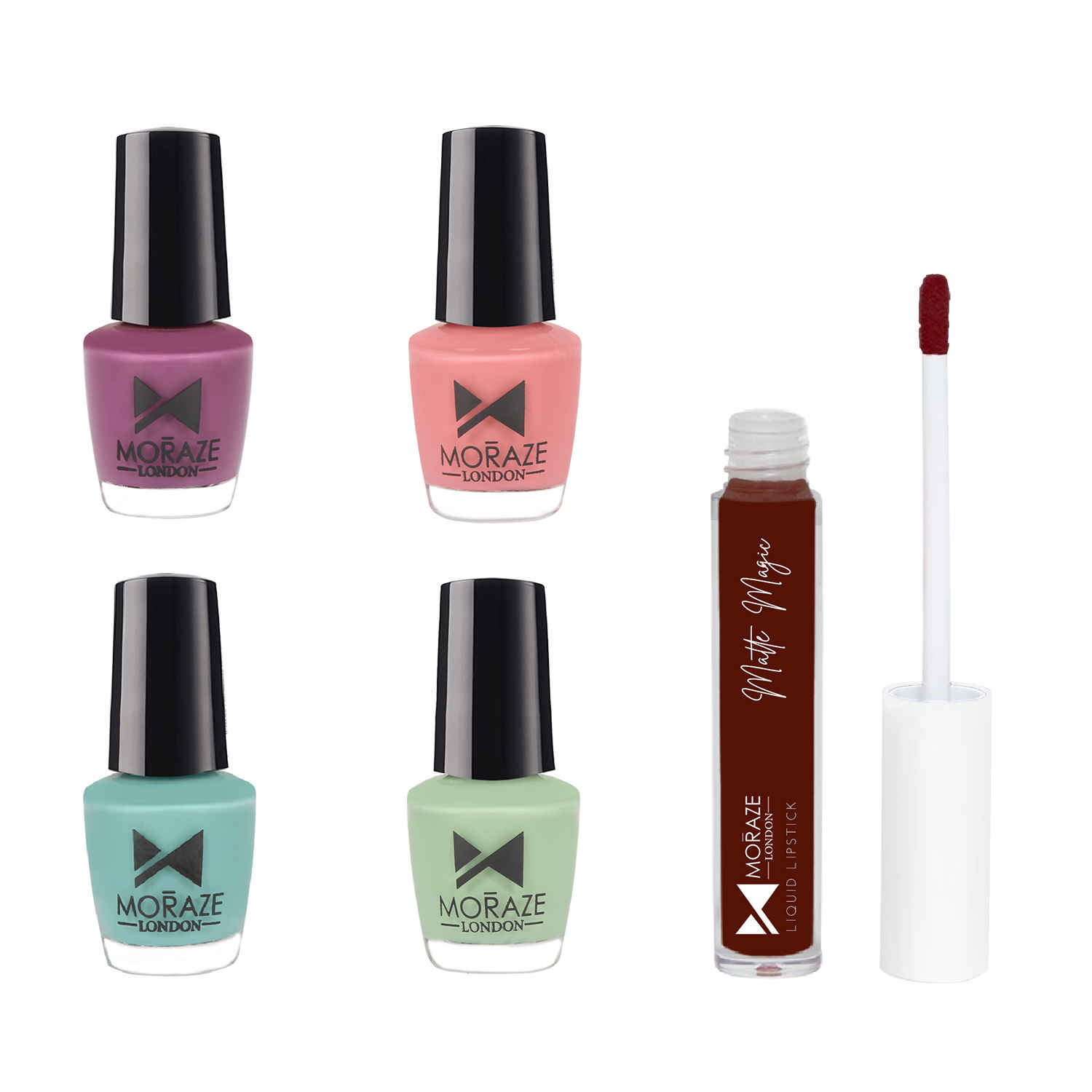 Buy Moraze Combo Pack of 4 Nail Polish (Shalala, Magic, Crystal, Aqua) 5 ML Each, and 1 Liquid Lipstick (Bold Babe) 3 ML - Purplle