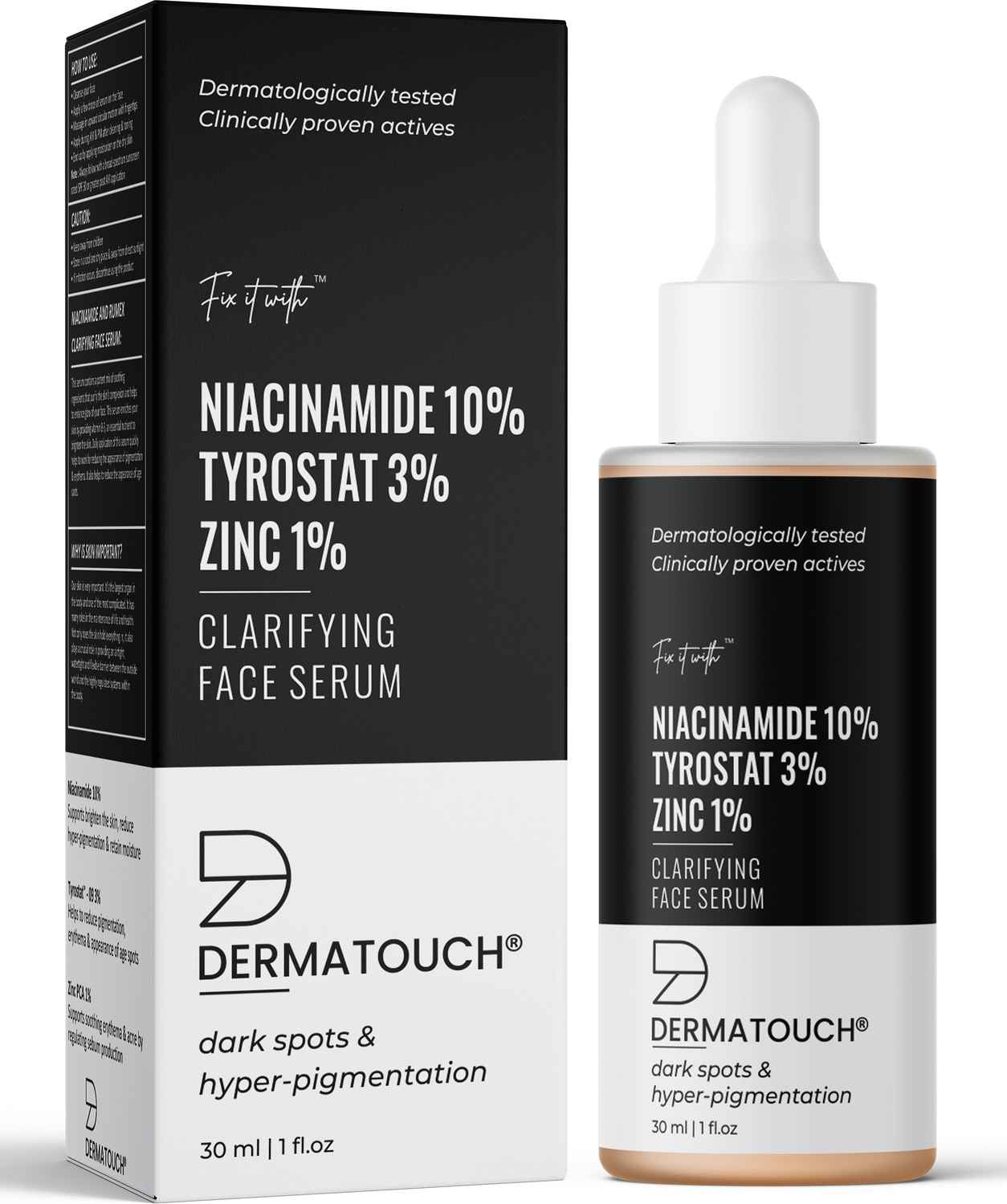 Buy DERMATOUCH 10% Niacinamide Serum, Tyrostat 3%, Zinc 1% Clarifying Face Serum Brightens the Skin, Reduce Hyper Pigmentation - Reduces acne marks & blemishes - 30ML - Purplle