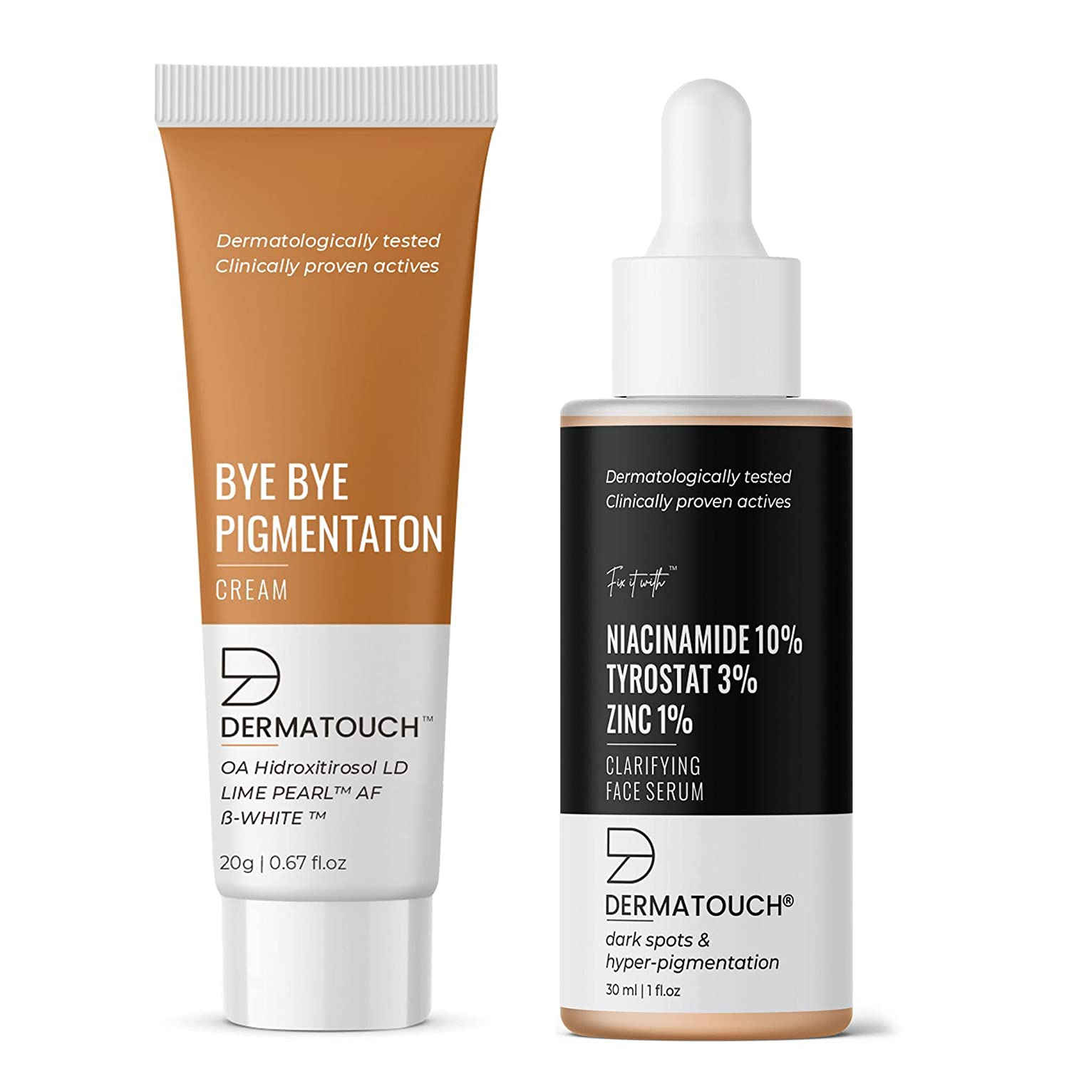 Buy DERMATOUCH Bye Bye Pigmentation Removal Cream & Fix it With Niacinamide 10%,Tyrostat 3 %,Zinc 1%,Clarifying face Serum Combo - (Pack of 2) - Purplle