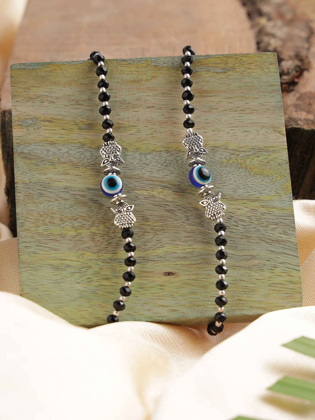 Buy Jazz And Sizzle Silver-Plated & Black Beaded Handcrafted Owl & Evil Eye Anklet - Purplle