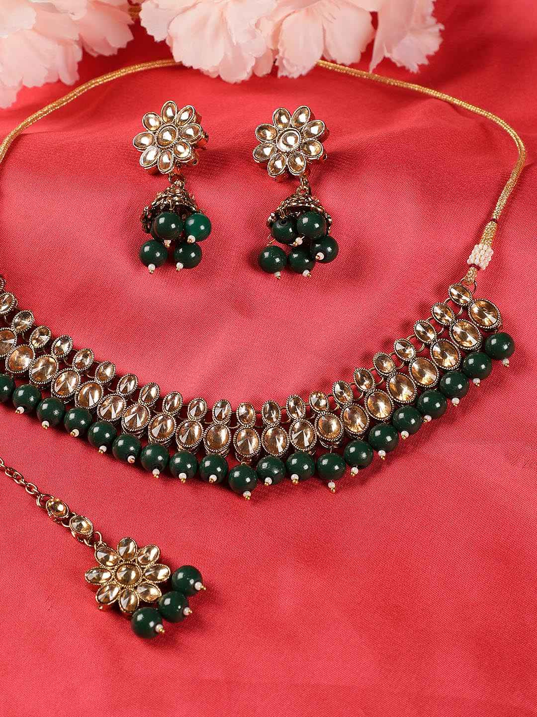 Buy Jazz And Sizzle Green Kundan Stones Gold Plated Chokers Set with MaangTikka - Purplle