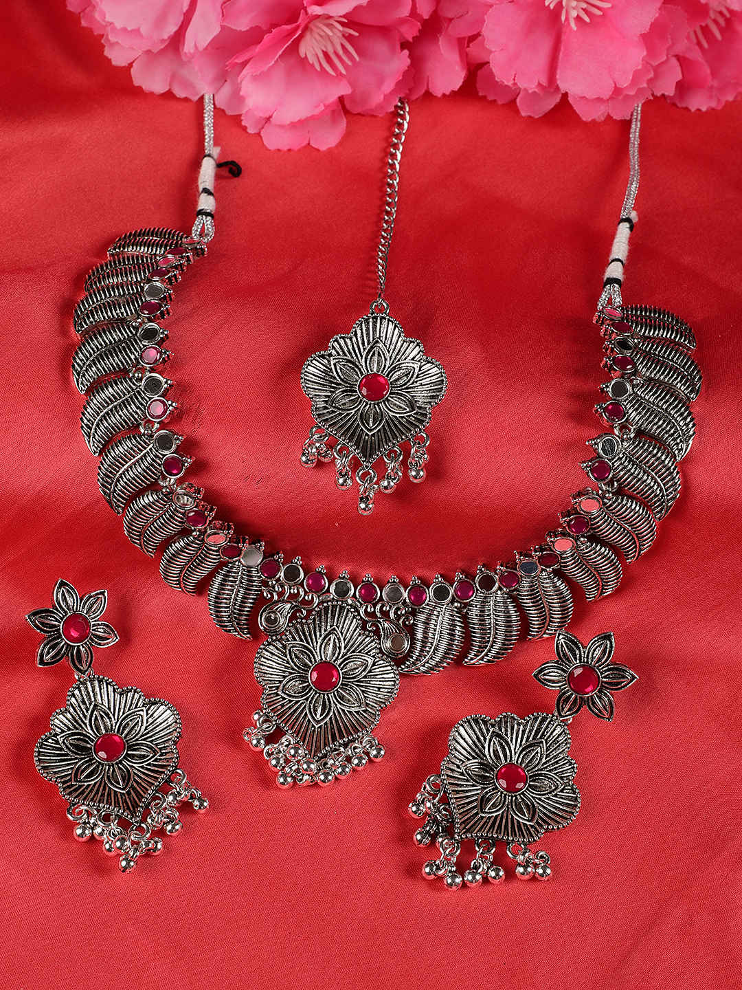 Buy Jazz And Sizzle Ruby Stones Studded OxidisedSilver Plated Jewellery Set - Purplle