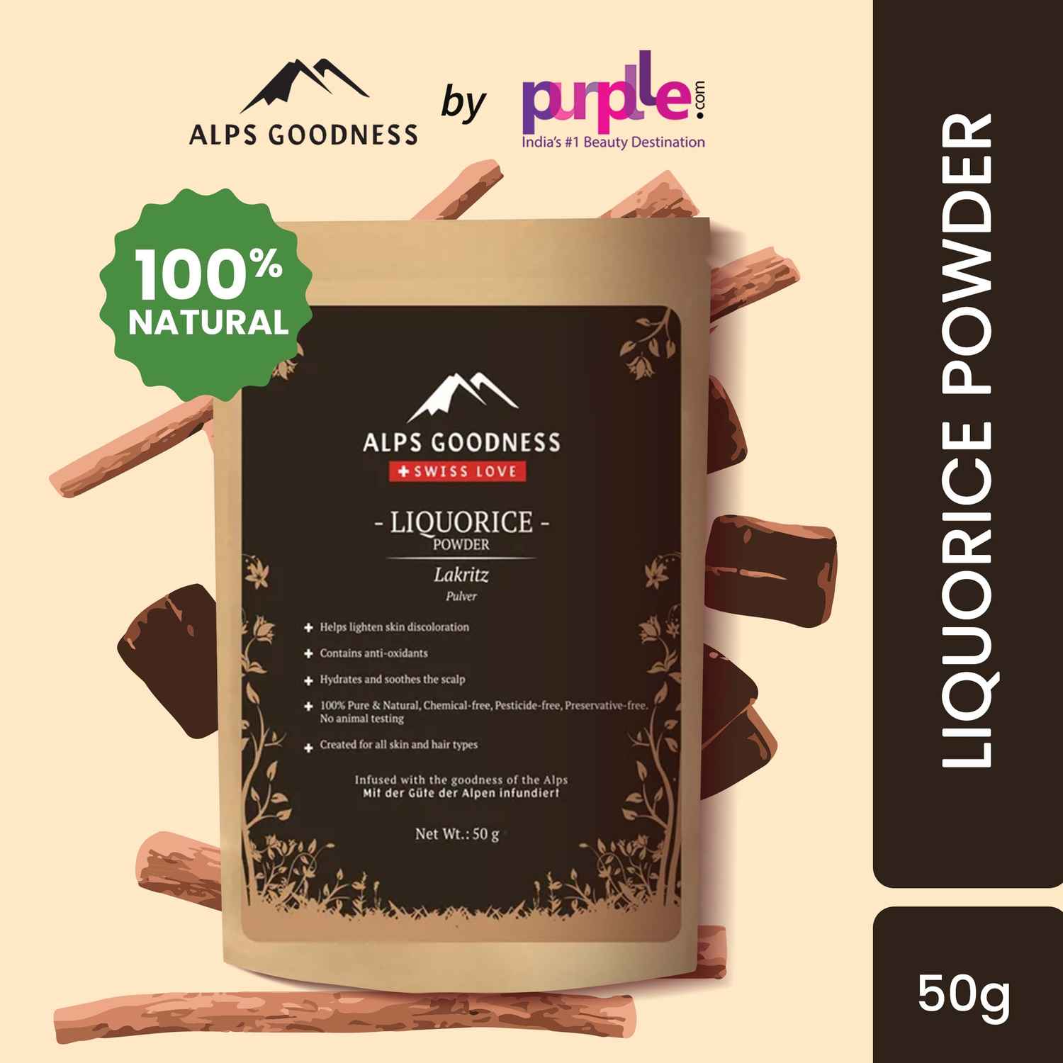 Buy Alps Goodness Powder - Liquorice/ Mulethi (50 gm) | 100% Natural Powder | No Chemicals, No Preservatives, No Pesticides | Can be used for Hair Mask and Face Mask | De tan pack | Tan removal Pack | Pack for hydrating and soothing scalp - Purplle