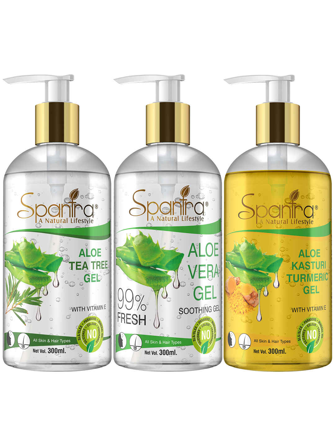 Buy Spantra Aloe Tea Tree Gel , Aloevera Gel and Kasturi Turmeric Gel, 300ml each, Pack of 3 - Purplle