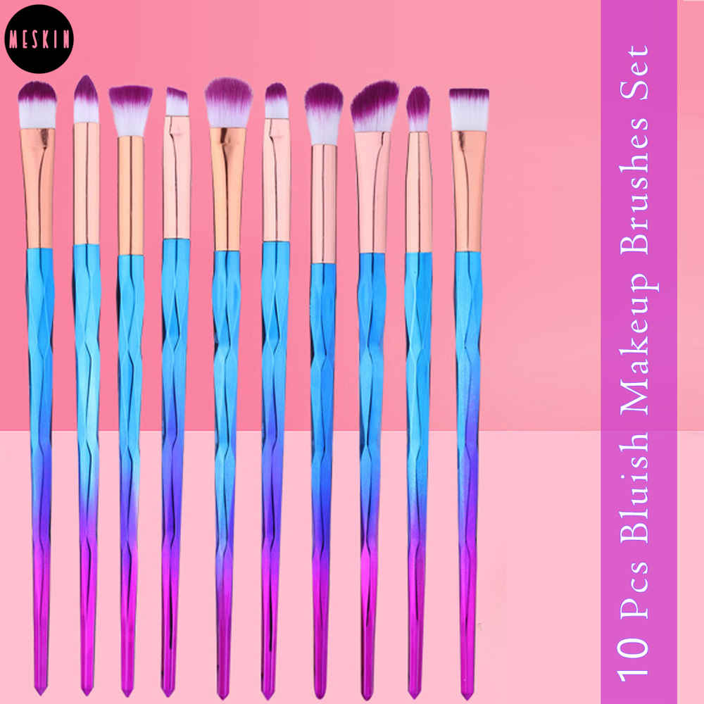Buy MeSkin 10 Pcs Bluish Makeup Brushes Set for Womens & Girls - Pack of 10 (Assorted Colors) - Purplle