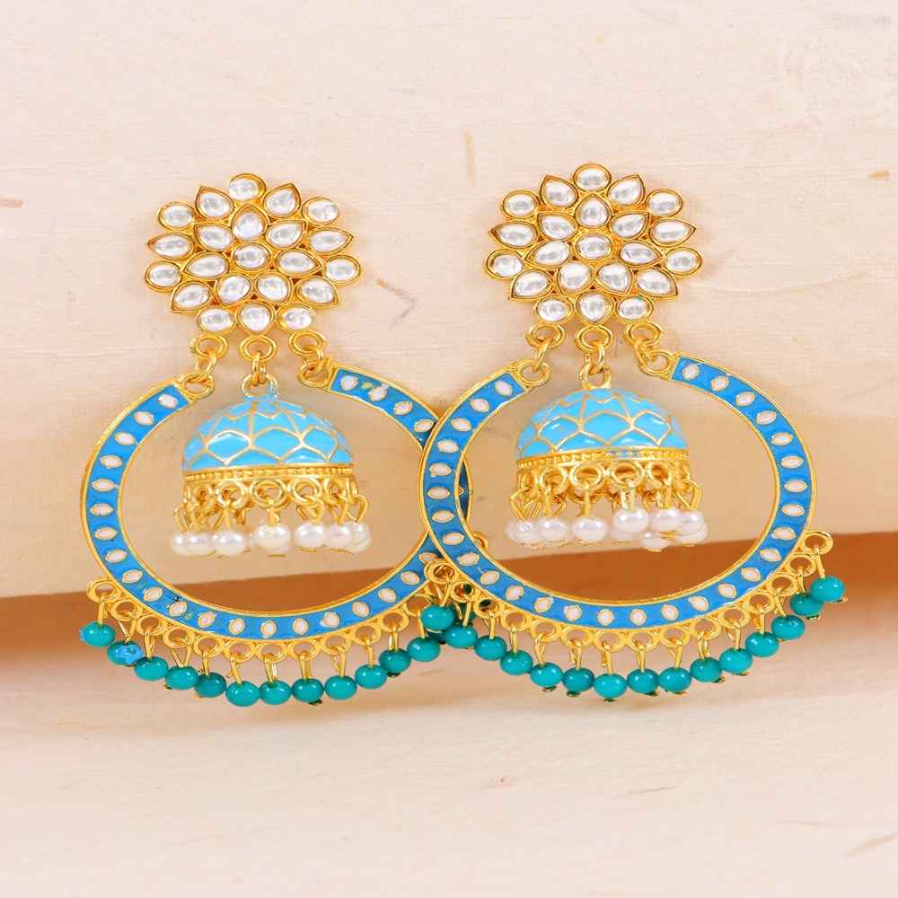 Buy Crunchy Fashion Gold-Plated Kundan Dangler blue Color ChandBali Jhumka Earrings RAE1464 - Purplle
