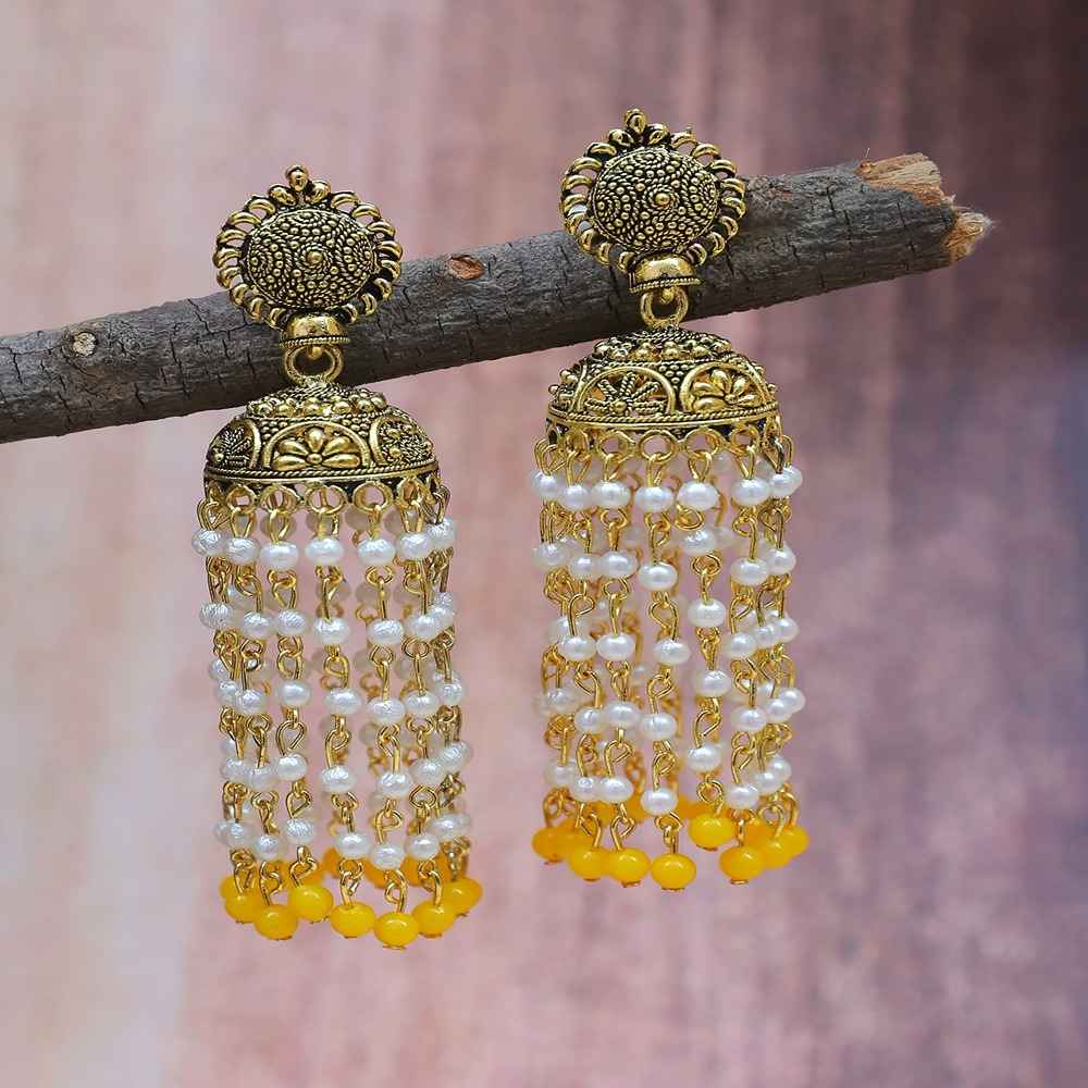 Buy Crunchy Fashion Punjabi Traditional Gold Finished Yellow Kundan Pearl Jhumki Style Earrings RAE1641 - Purplle