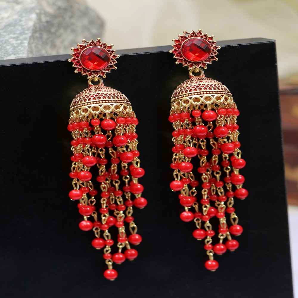 Buy Crunchy Fashion Gold-Plated Stunning Designer Long Red color Pearl Jhumka RAE1673 - Purplle