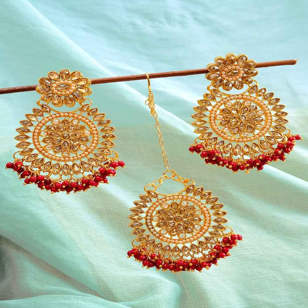 Buy Crunchy Fashion Gold-Plated Round Floral Red Pearl Earrings With Maang Tika Set RAE1196 - Purplle