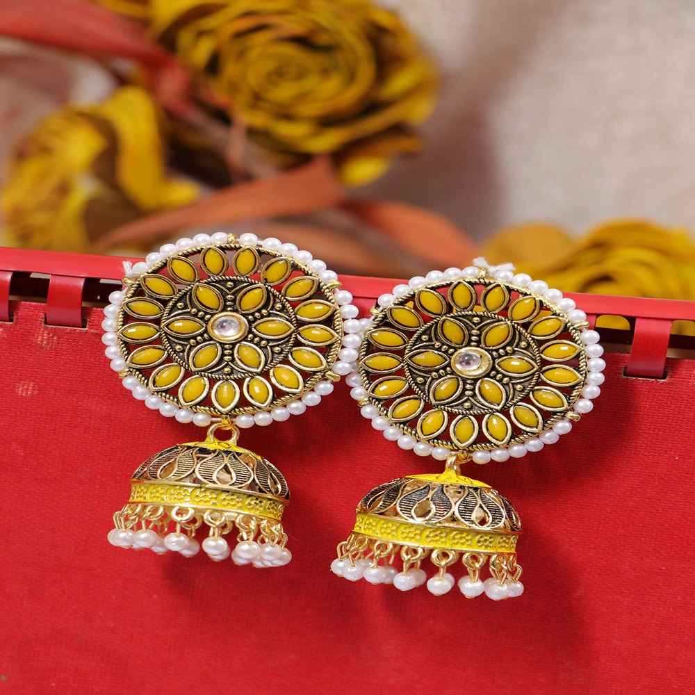 Buy Crunchy Fashion Gold-Plated Embelished Yellow Kundan and Faux Pearl Jhumka Earrings RAE1811 - Purplle