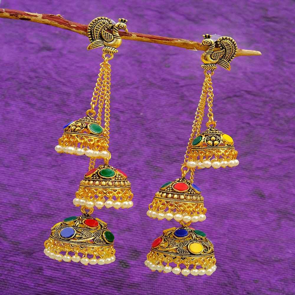 Buy Crunchy Fashion Gold plated Peacock Three Long Hanging Jhumka Earrings RAE0999 - Purplle