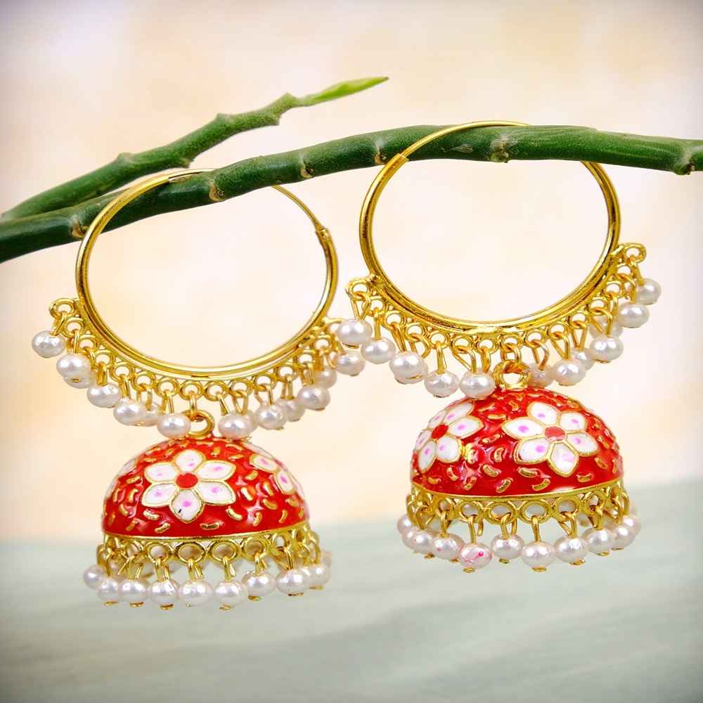 Buy Crunchy Fashion Gold plated Kundan Flower Meenakari Red Hoop Jhumka Earrings With White Pearl Earrings RAE0863 - Purplle