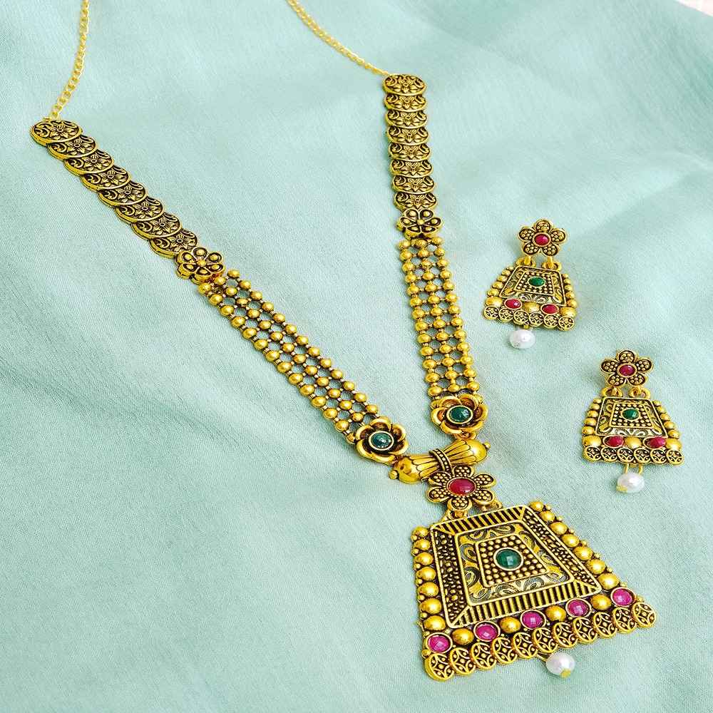 Buy Crunchy Fashion Traditional Gold-Plated Long Square Necklace Set With Earrings RAS0266 - Purplle