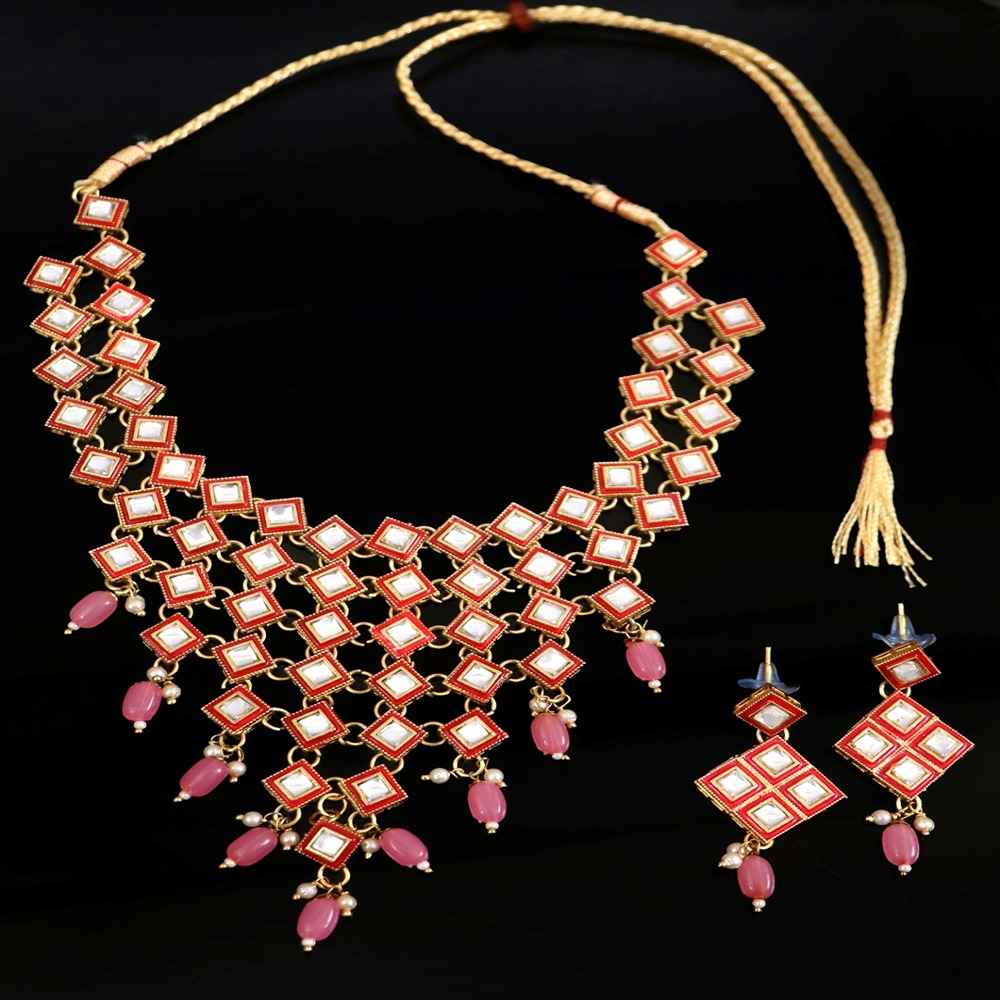 Buy Crunchy Fashion Traditional Gold-plated Kundan Pink Pearl Work Necklace With Earring Set RAS0375 - Purplle