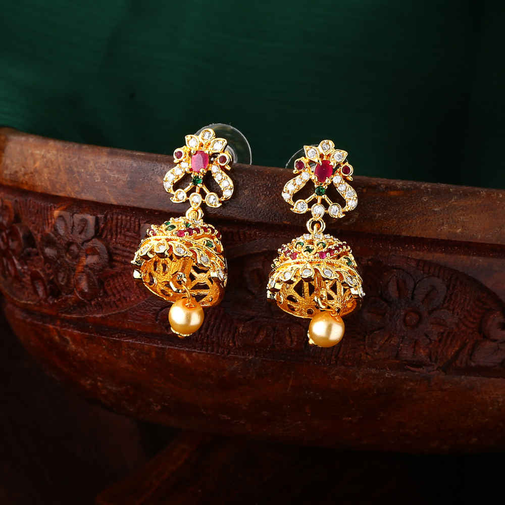 Buy Estele Gold Plated CZ Arcadia Jhumki Earrings with Pearl & Ruby Crystals for Women - Purplle