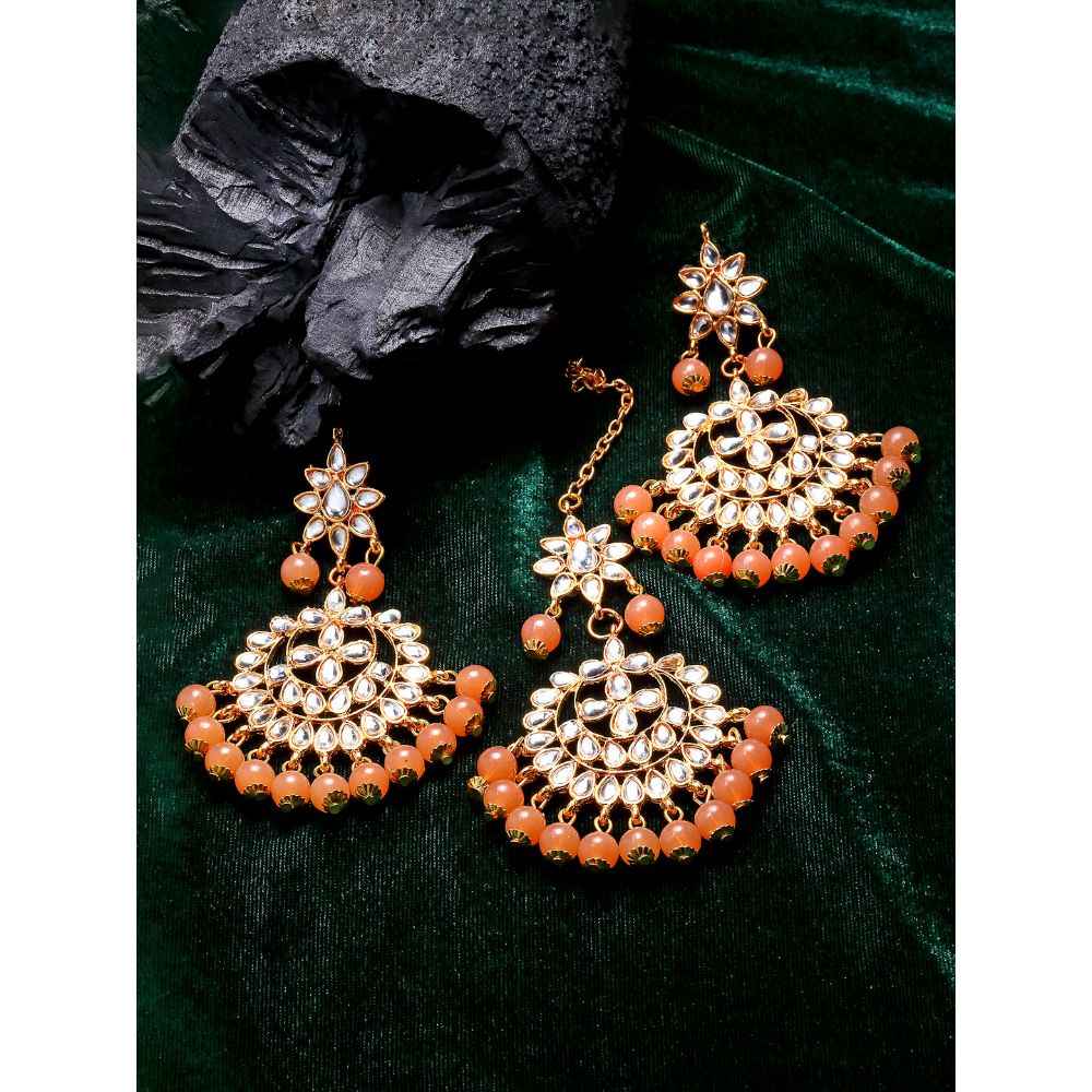 Buy Zeneme Gold-Plated Kundan & Orange Pearl Studded Handcrafted Maang Tika and Matching Earring Jewellery - Purplle