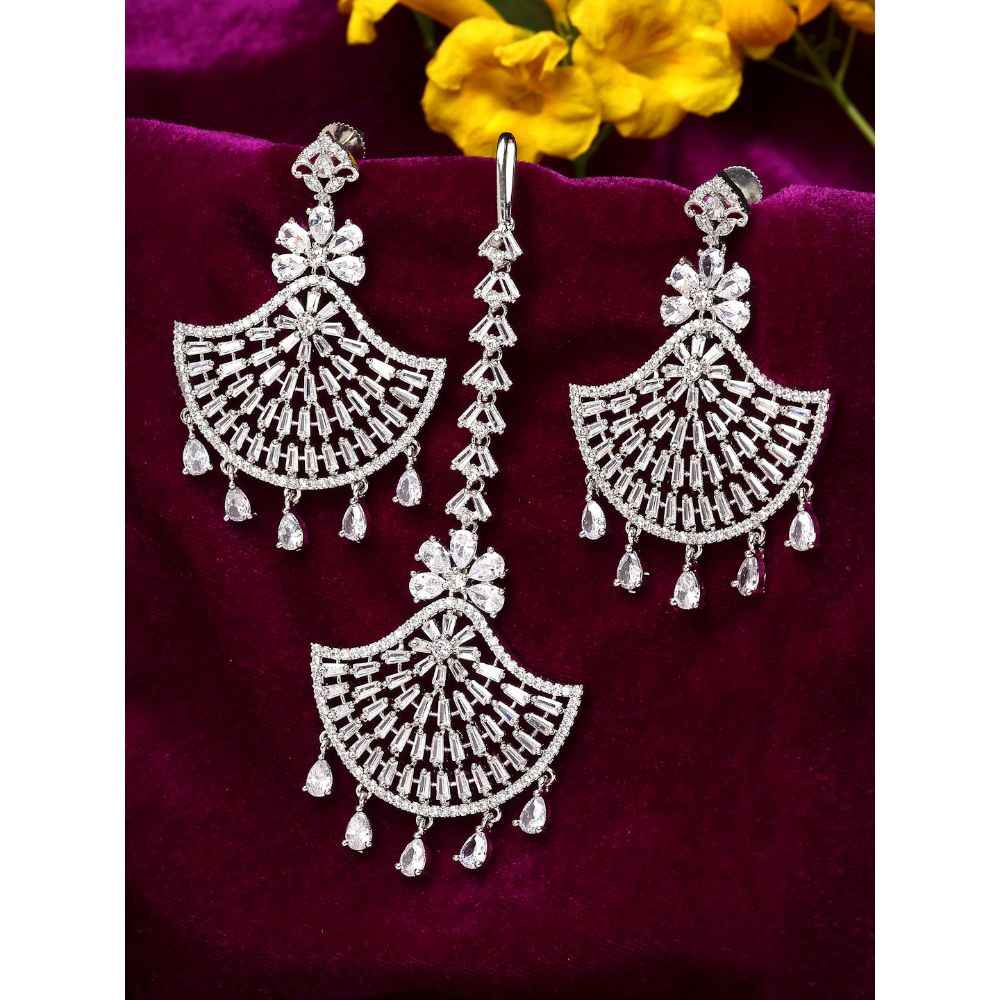 Buy Zeneme Silver Plated White Round AD-Studded Maang Tikka And Earrings Set - Purplle