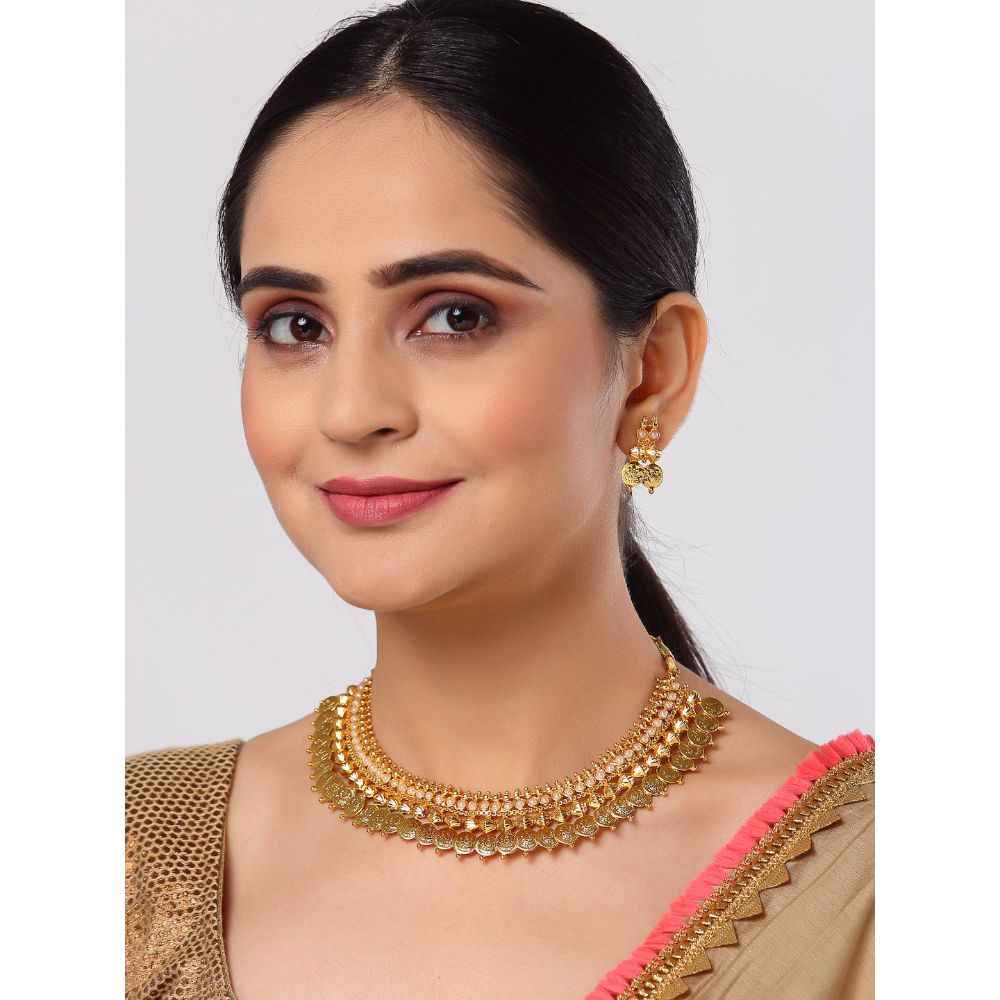 Buy Zeneme Gold-Plated White Pearl Studded South Indian Style Necklace & Earring Temple Jewellery Set - Purplle