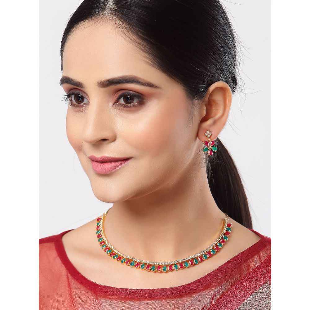 Buy Zeneme Gold-Plated Red and Green American Diamond Studded Handcrafted Jewellery Set - Purplle