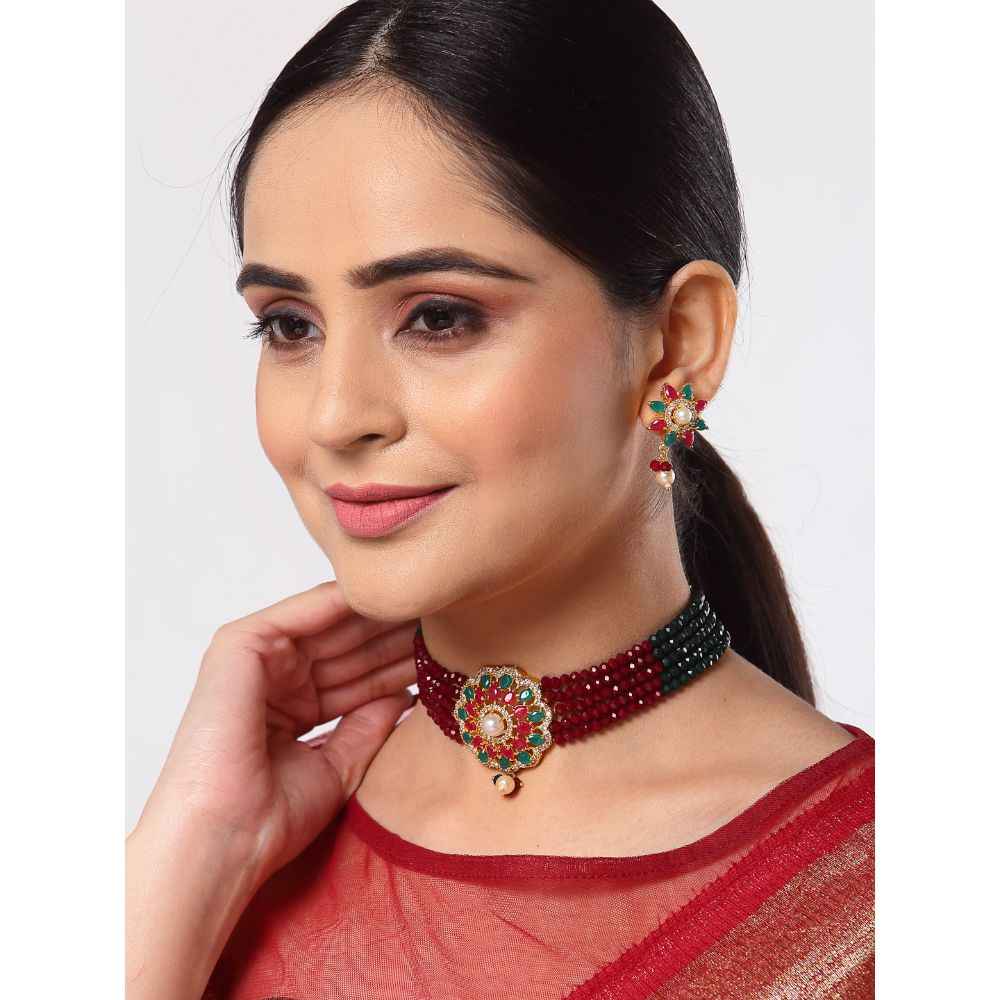 Buy Zeneme Gold-plated Red Green AD Studded Floral Pendant Multistrand Dark Red Green Beads Choker Necklace - Purplle