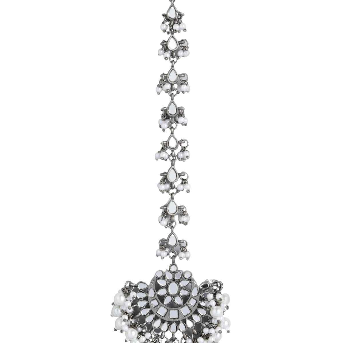 Buy Accessher Silver-Plated Oxidised White Embellished With Mirror Kundan and Pearls Maang Tikka For Women - Purplle