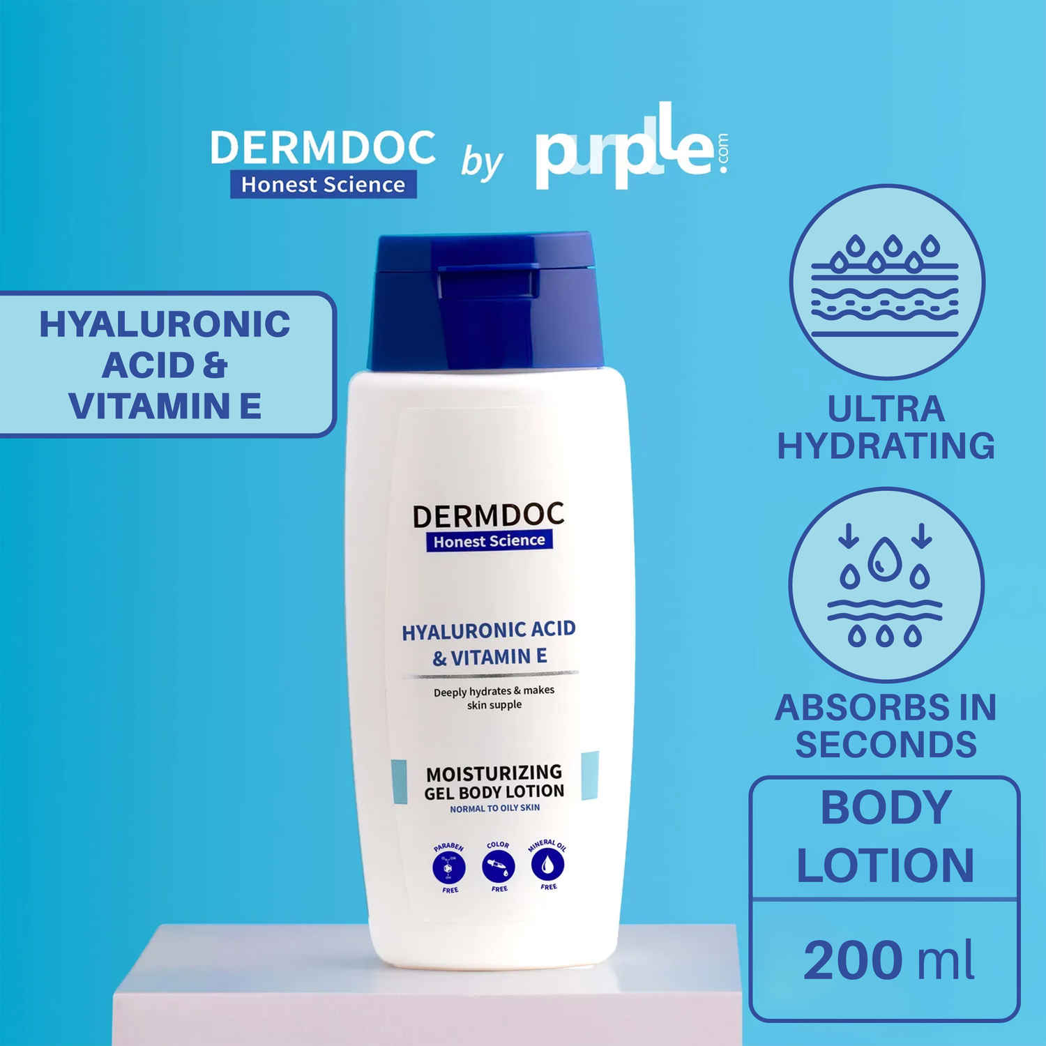 Buy DERMDOC by Purplle Hyaluronic Acid & Vitamin E Moisturizing Gel Body Lotion Normal to Oily Skin (200 ml) | body lotion for summer | non-greasy | cooling lotion | hydrating gel lotion - Purplle