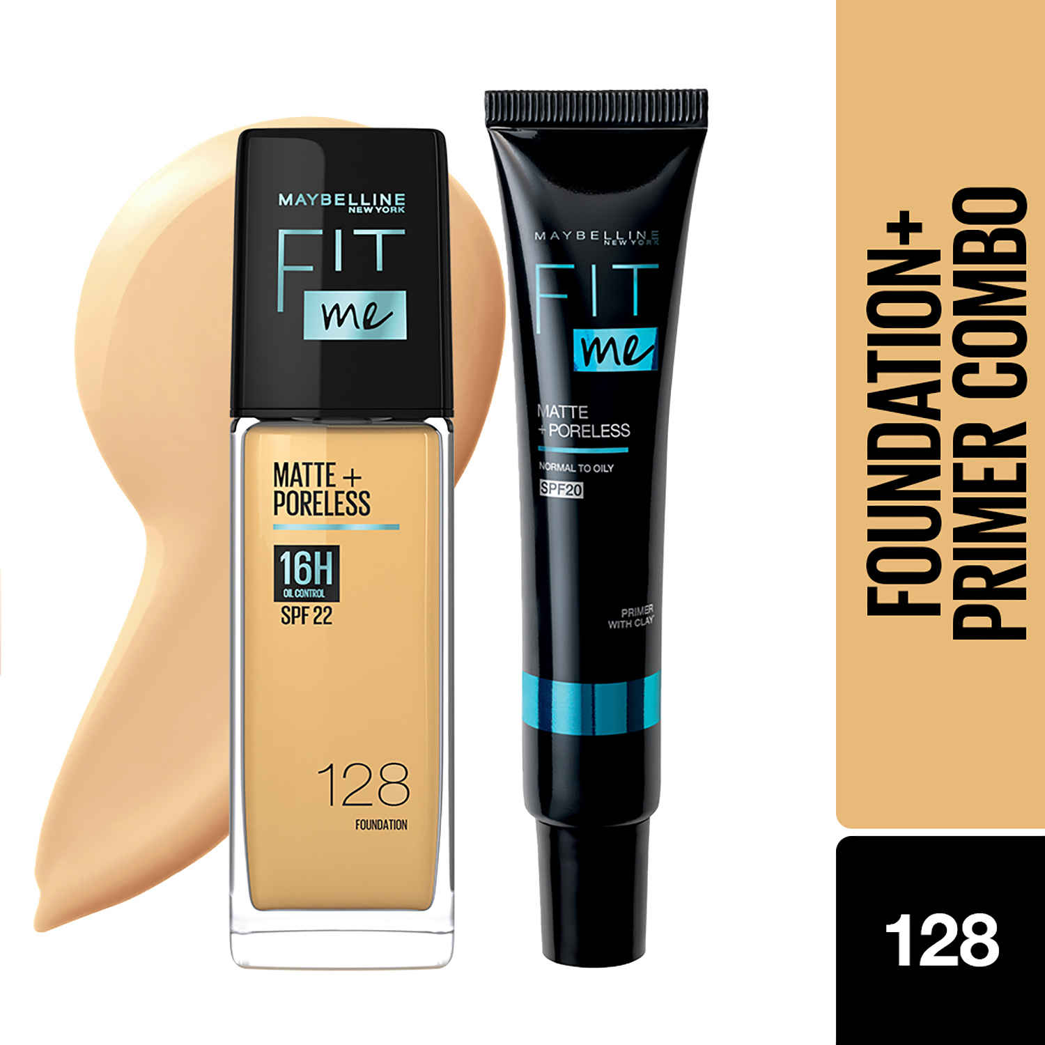 Buy Maybelline New York 16 HR Matte Base Duo, Prep + Blend Makeup Combo, Fit Me Foundation 128 (30ml)+ Fit Me Matte + Poreless Primer (30ml) - Purplle