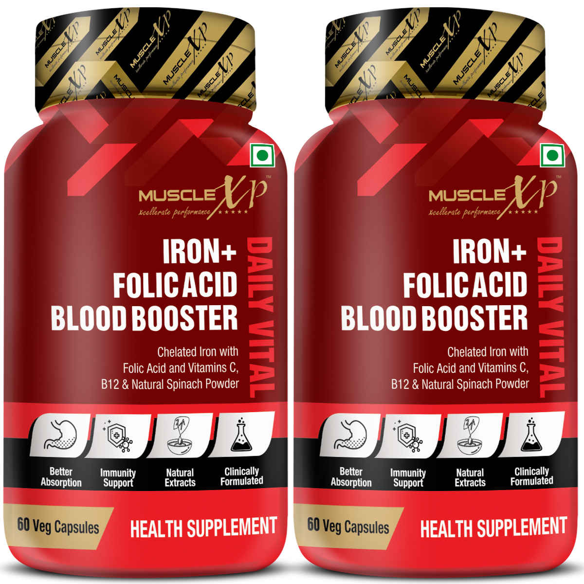 Buy MuscleXP Iron + Folic Acid Blood Booster Daily Vital, Chelated Iron With Folic Acid & Vitamin C, B12 & Natural Spinach Powder, 60 Veg Capsules x Pack Of 2 - Purplle