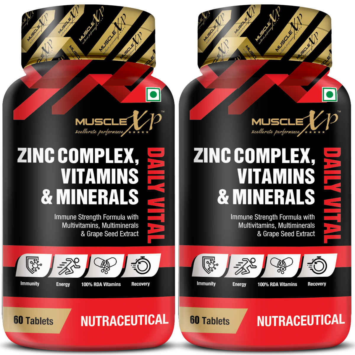 Buy MuscleXP Zinc Complex Vitamins & Minerals Daily Vital, 100% RDA, MultiVitamins, Multiminerals & Grape Seed Extract, 60 Tablets x Pack Of 2 - Purplle