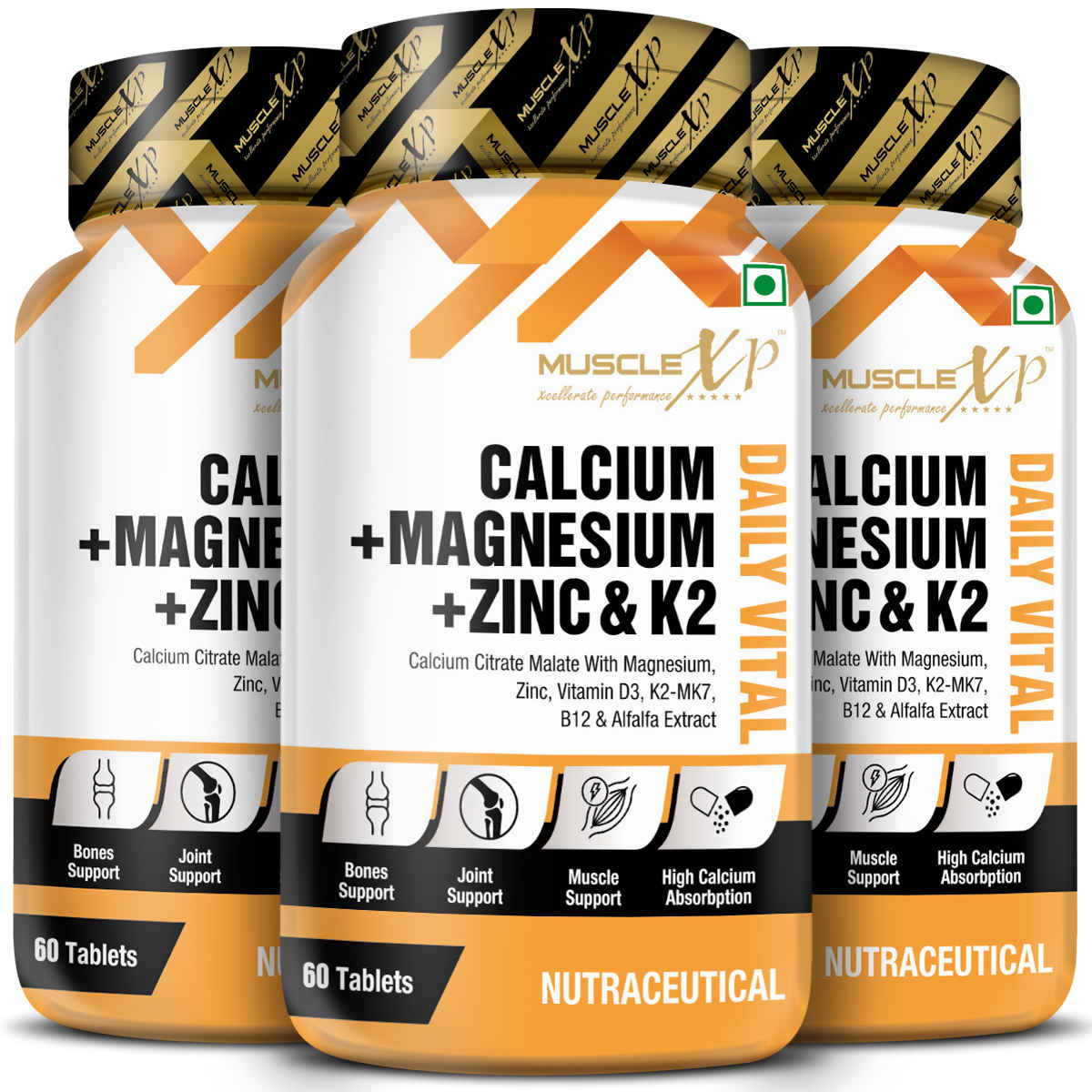 Buy MuscleXP Calcium + Magnesium + Zinc & K2 - MK7 Daily Vital with Alfalfa Extract, Vitamin B12 and D3, 60 Tablets x Pack Of 3 - Purplle