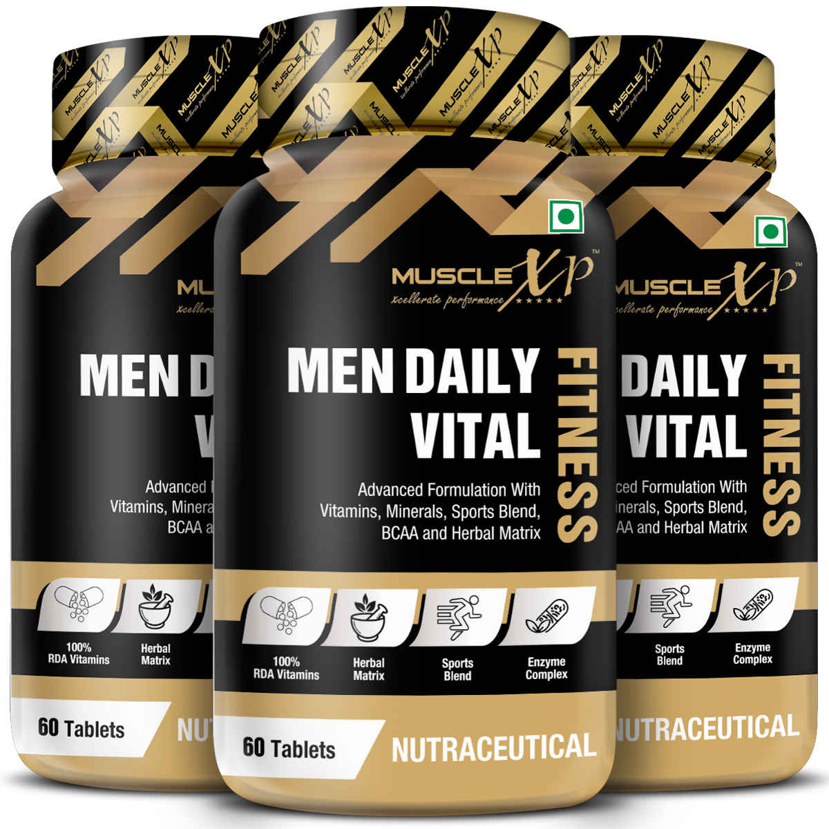 Buy MuscleXP Men Daily Vital Fitness, Advanced Formulation With Vitamins, Minerals, Sports Blend, BCAA & Herbal Matrix, 60 Tablets x Pack Of 3 - Purplle