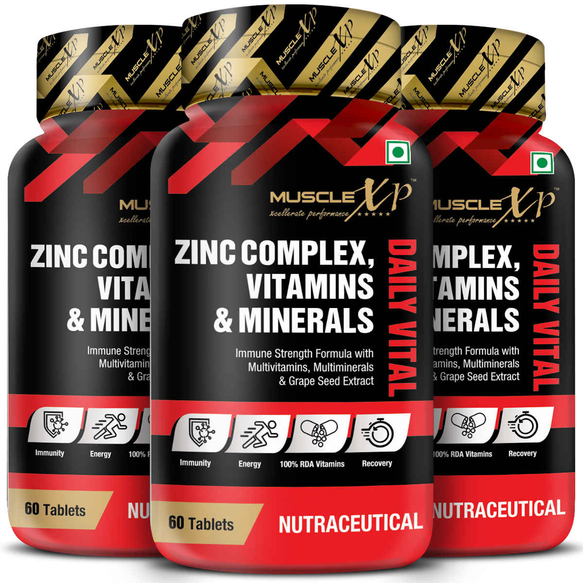 Buy MuscleXP Zinc Complex Vitamins & Minerals Daily Vital, 100% RDA, MultiVitamins, Multiminerals & Grape Seed Extract, 60 Tablets x Pack Of 3 - Purplle