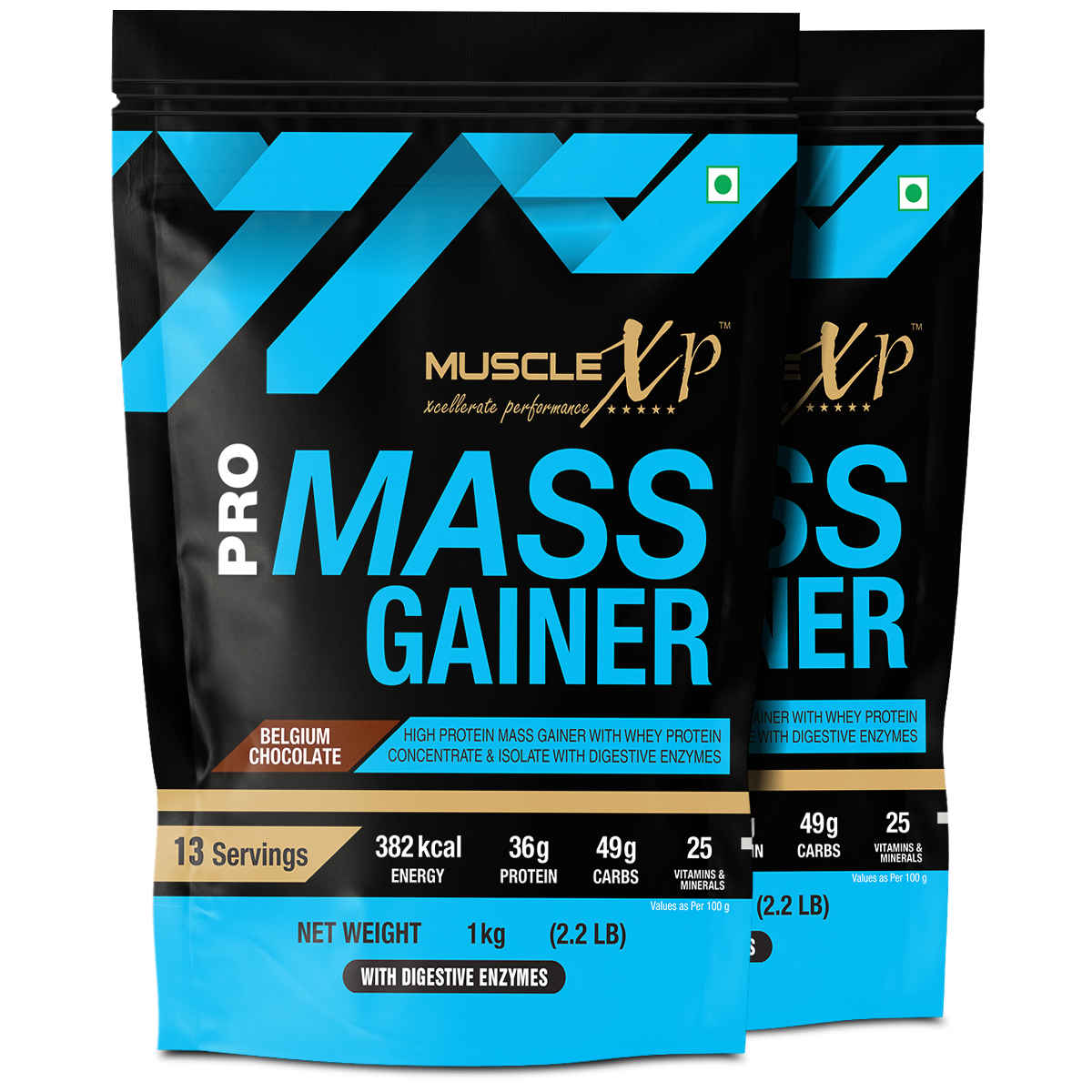 Buy MuscleXP Pro Mass Gainer for Musce Mass Gain With Whey Protein, Whey Isolate, 25 Vitamins and Minerals, Digestive Enzymes, Belgium Chocolate, 1kg Pouch (2.2 lb) x Pack Of 2 - Purplle