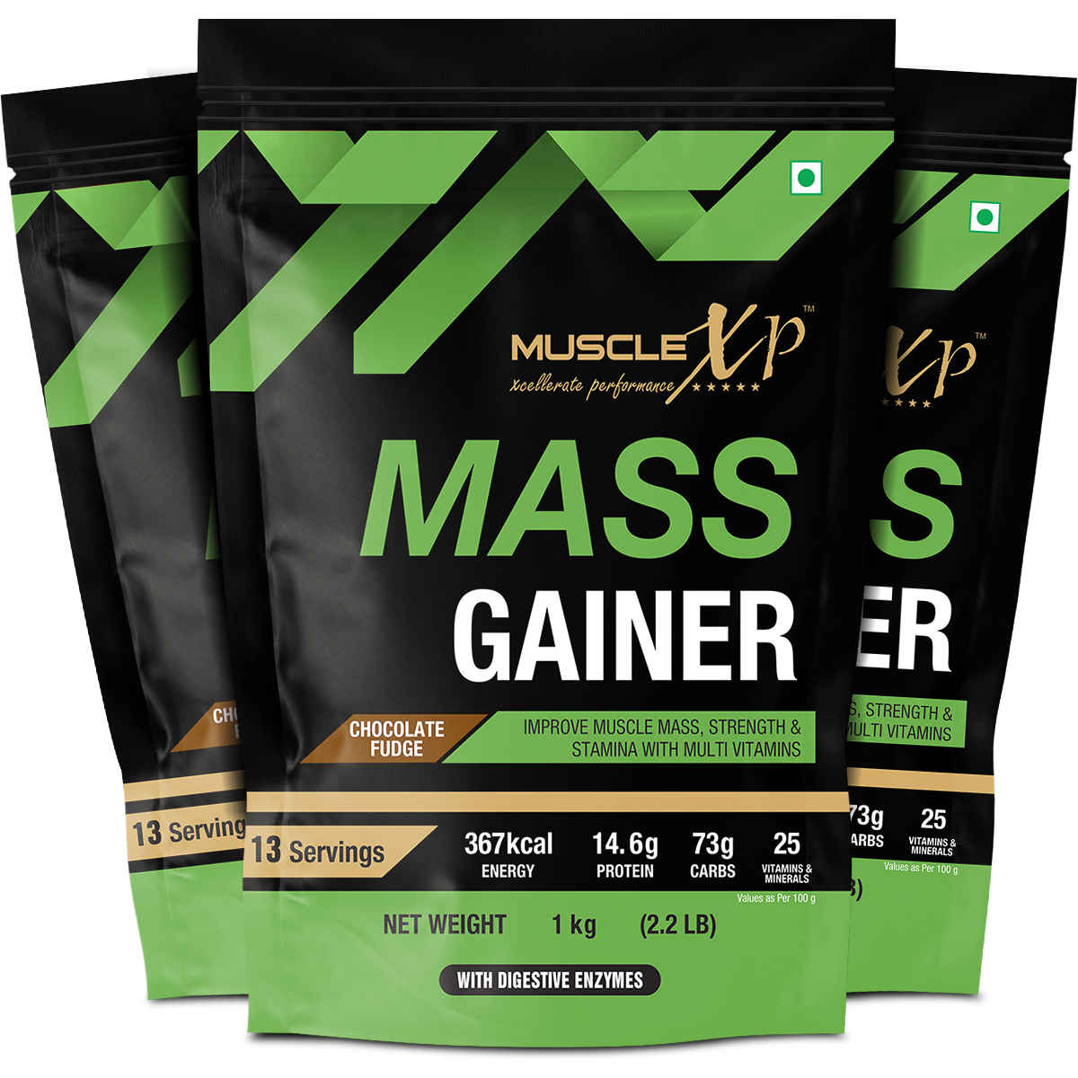 Buy MuscleXP Mass Gainer With 25 Vitamins and Minerals, Lean Whey Protein Muscle Mass Gainer, Digestive Enzymes, Chocolate Fudge, 1kg Pouch (2.2 lb) x Pack Of 3 - Purplle