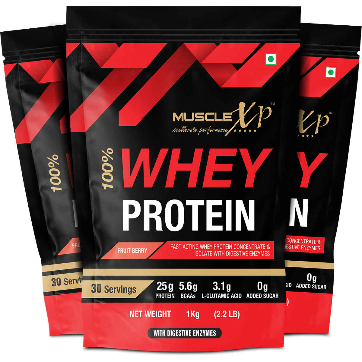 Buy MuscleXP 100% Whey Protein with Whey Protein Isolate Blend (75g Protein) and Digestive Enzymes, Fruit Berry Flavour, 1Kg Pouch (2.2 lb) x Pack Of 3 - Purplle