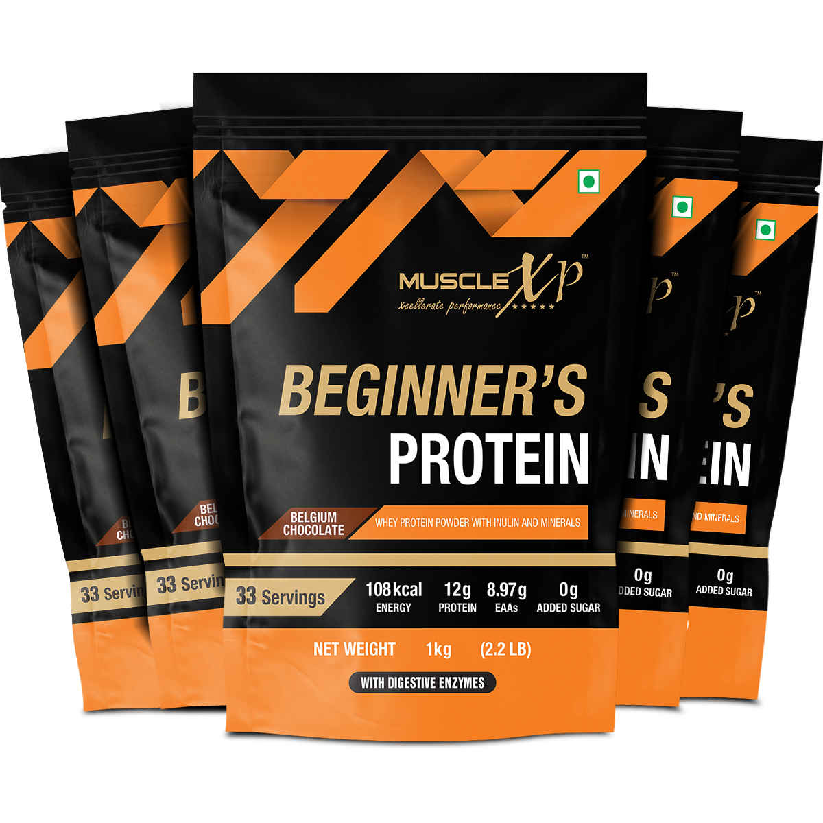 Buy MuscleXP Beginner's Protein With Whey Protein and Digestive Enzymes, Belgium Chocolate, 1kg Pouch (2.2 lb) x Pack Of 5 - Purplle
