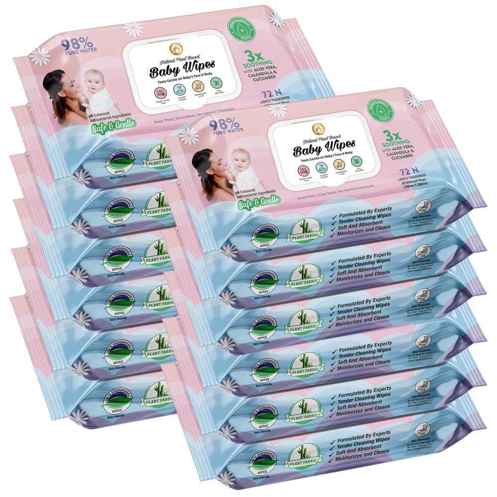 Buy Mom & World Natural 98% Pure Water Baby Wipes, Plant Based , 3X Soothing With Aloe Vera, Calendula & Cucumber, pH Balanced, Extra Thick | Extra Moist, 72 N Wipes x Pack of 12 - Purplle