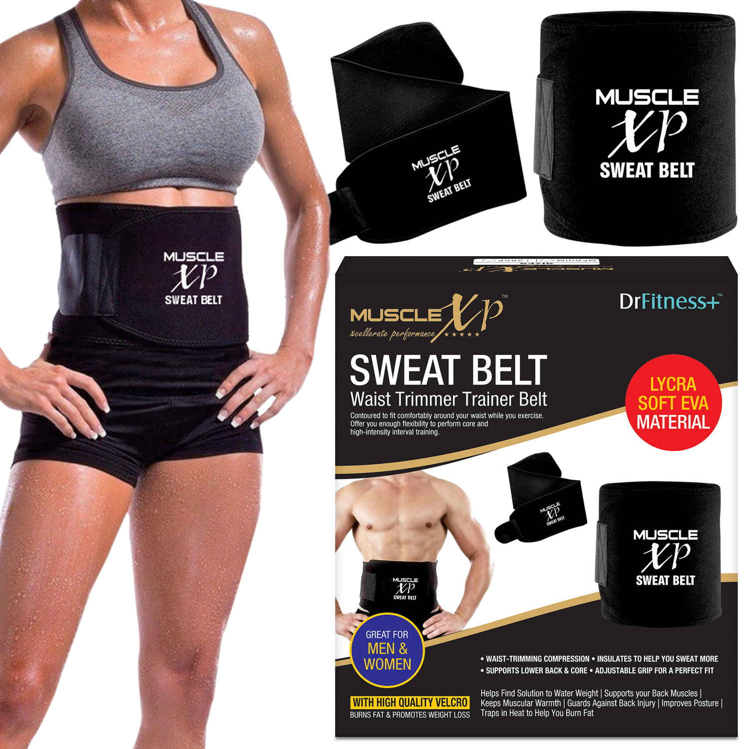 Buy MuscleXP DrFitness+ Sweat Belt for Men and Women, Fat Burning Healthy Sweat, Weight Loss, Non-Tearable, Tummy Trimming, 44" (Black) - Purplle
