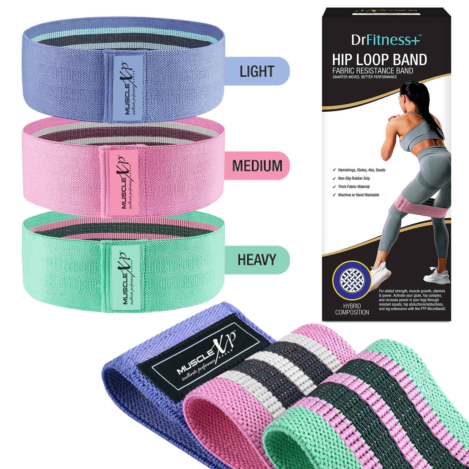 Buy MuscleXP DrFitness+ Hip Loop Fabric Resistance Band For Set of 3, Fabric Resistance For Women & Men, Hip Loop Band, For Added Strength, Muscle Growth, Exercise Usable In - Home & Gym (Low, Medium, Heavy) - Purplle