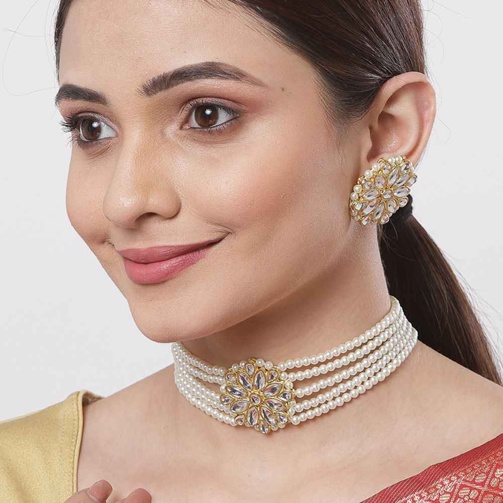 Buy Karatcart Kundan Studded Beaded Pearl Choker Necklace Set - Purplle