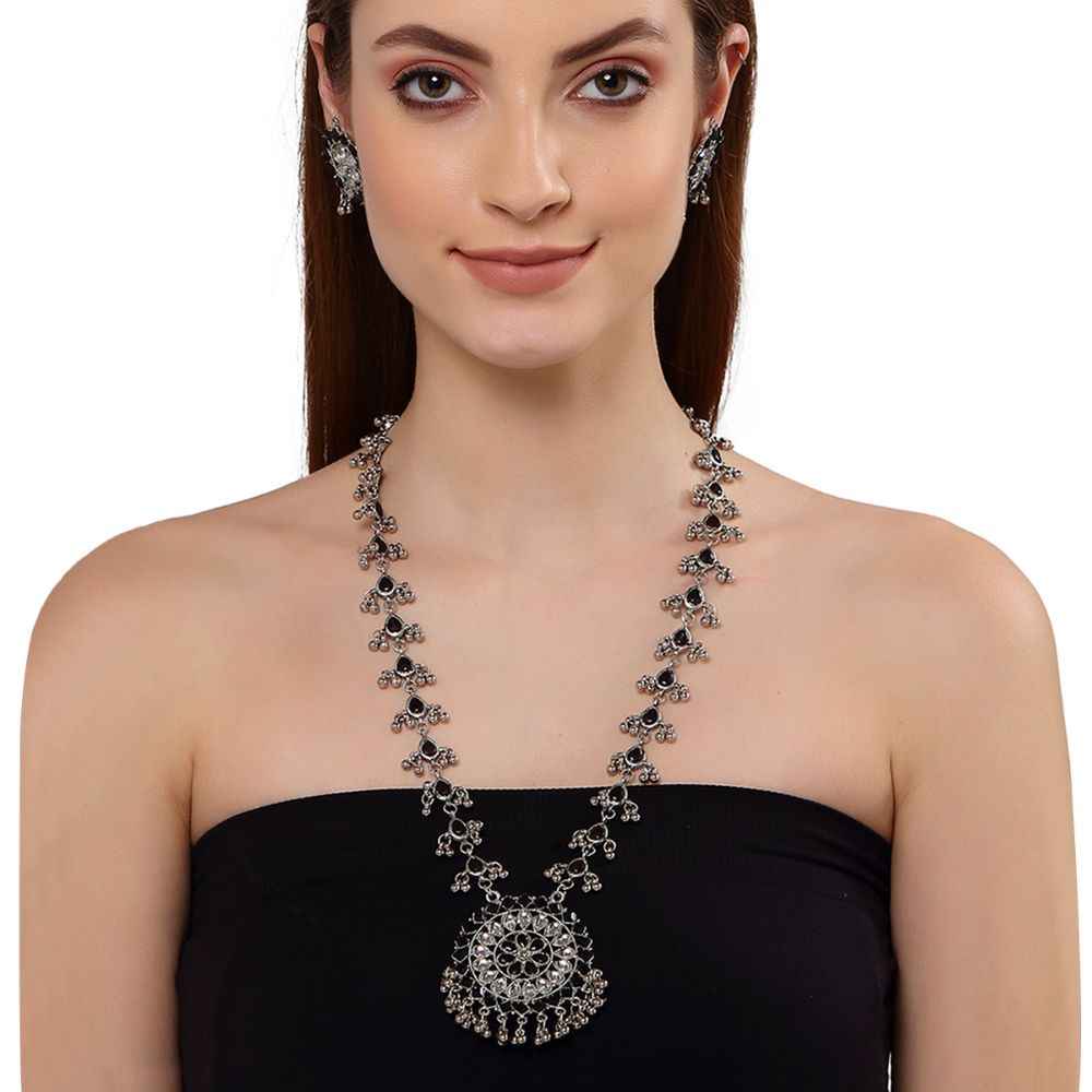 Buy Karatcart Oxidised Silver Toned Floral Rani Haar Necklace Set - Purplle