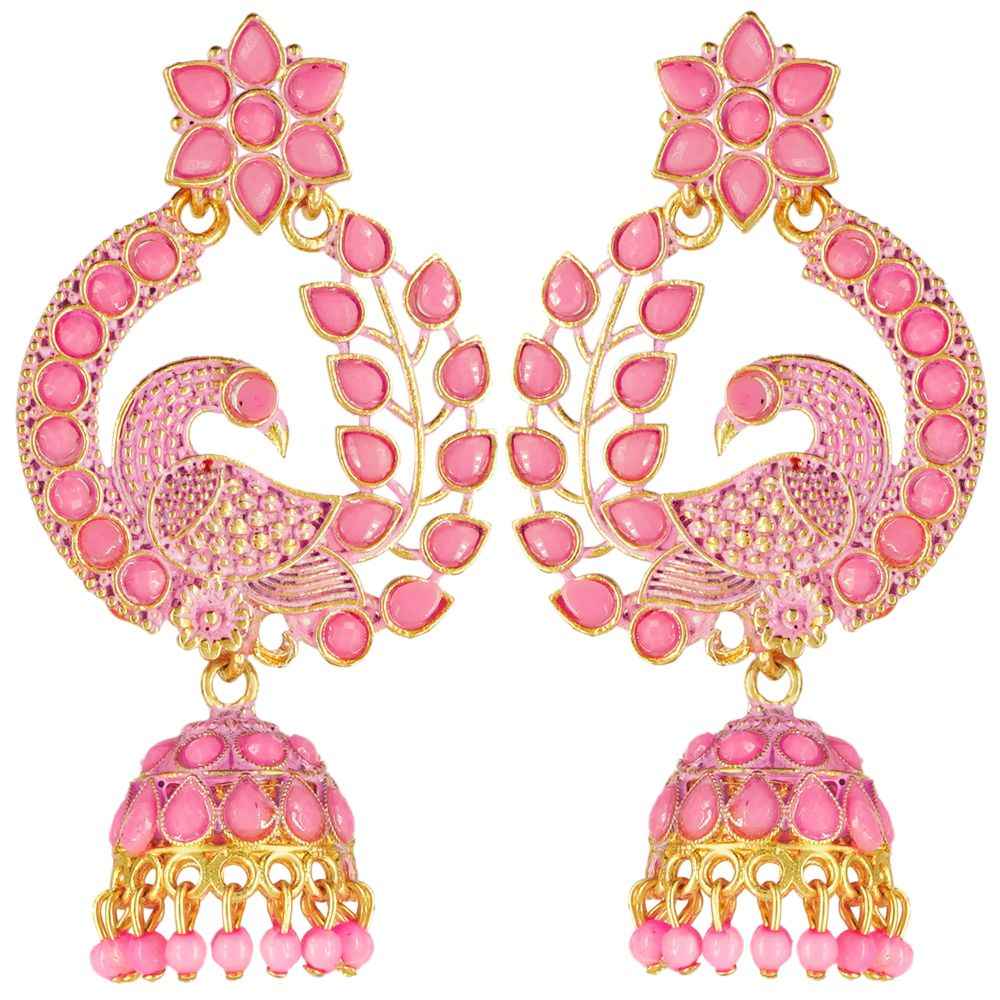 Buy Fashion Frill Mayur Design Mesmerizing Gold Plated Pink Jhumkas For Women and Girls - Purplle