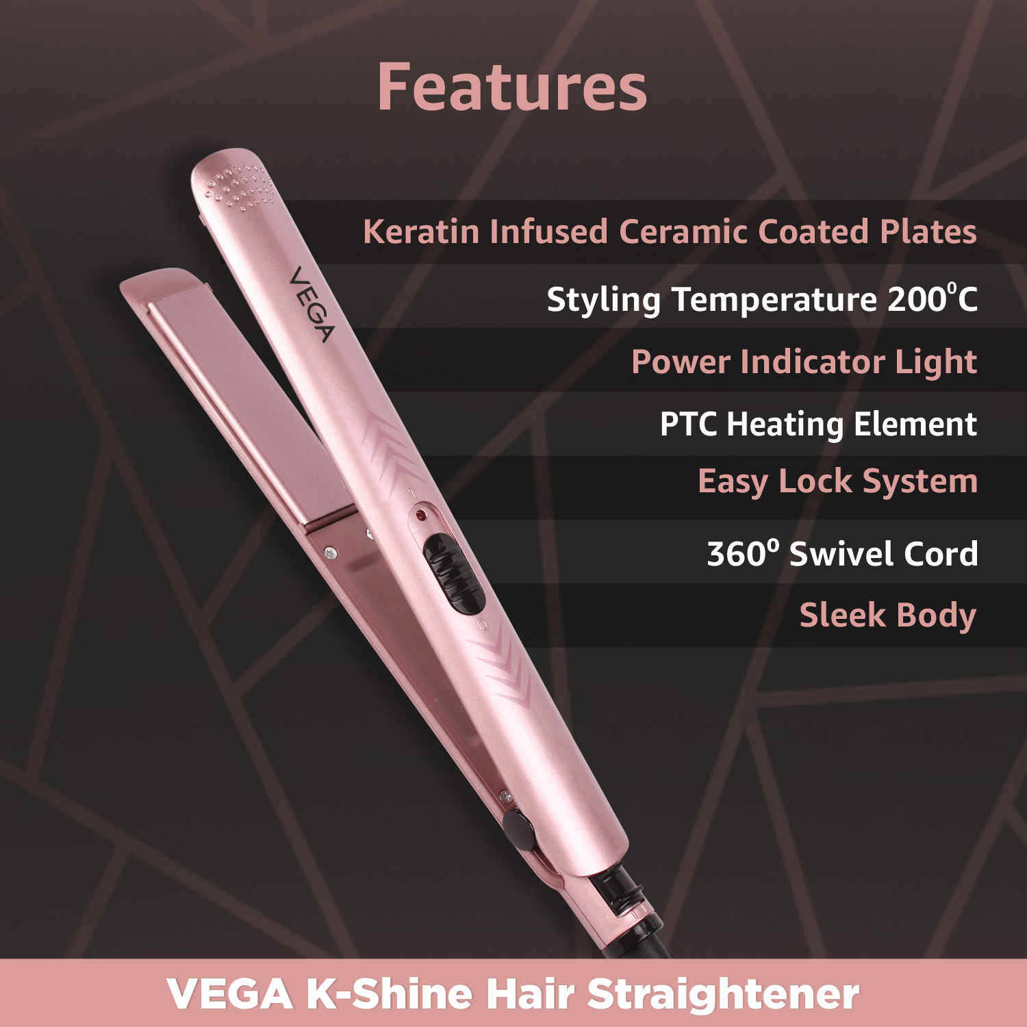 Buy Vega K Shine Hair Straightener for Women with Keratin Infused Plates, Rose Gold, (VHSH-28) - Purplle