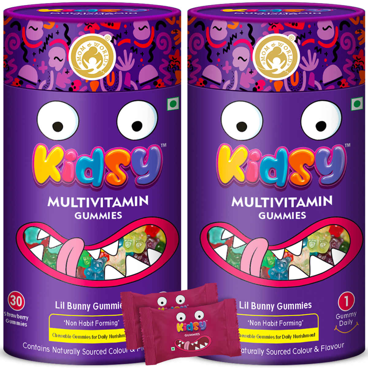Buy Mom & World Kidsy Multivitamin Gummies for Kids, Chewable Gummies, No Gelatin, For Daily Nourishment, 30 (Strawberry) Gummies x Pack Of 2 - Purplle