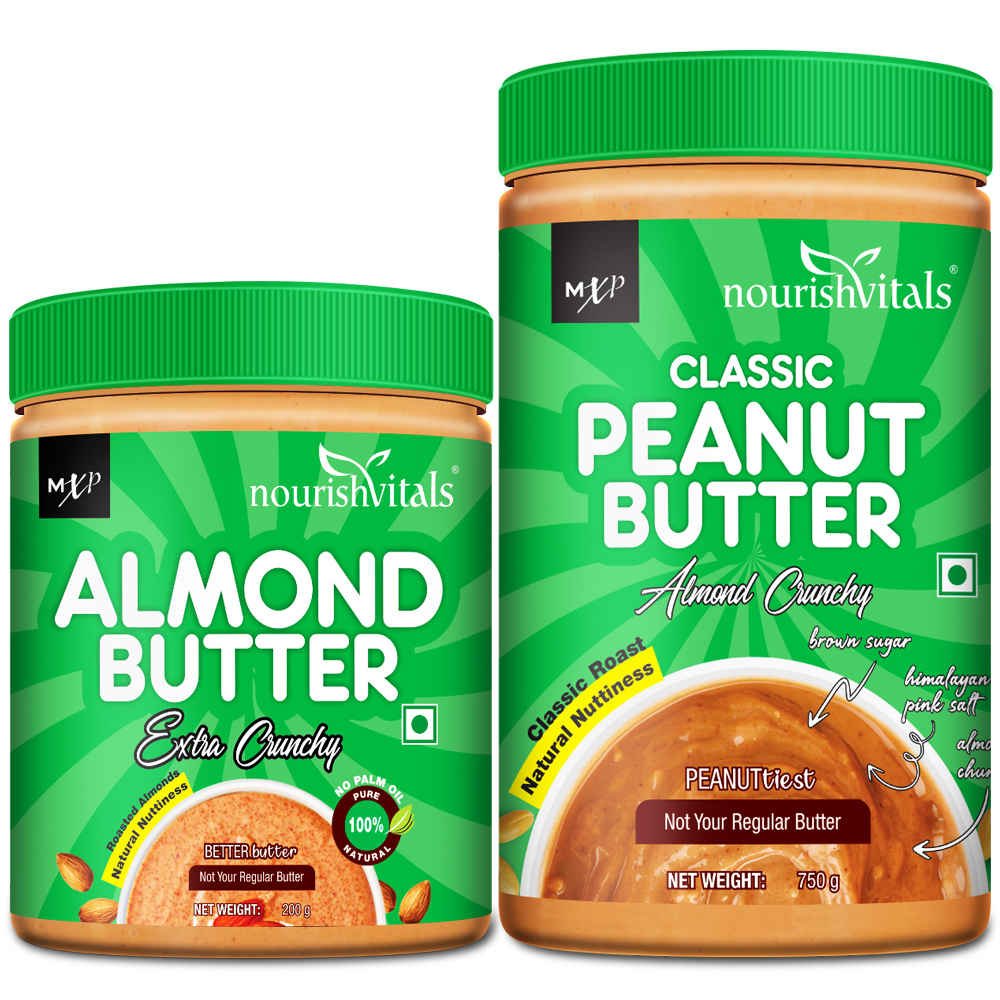 Buy NourishVitals Irresistibly Tasty Combo | Natural Almond Butter (Extra Crunchy), 200g + Classic Peanut Butter (Almonds Crunchy), 750g - Purplle