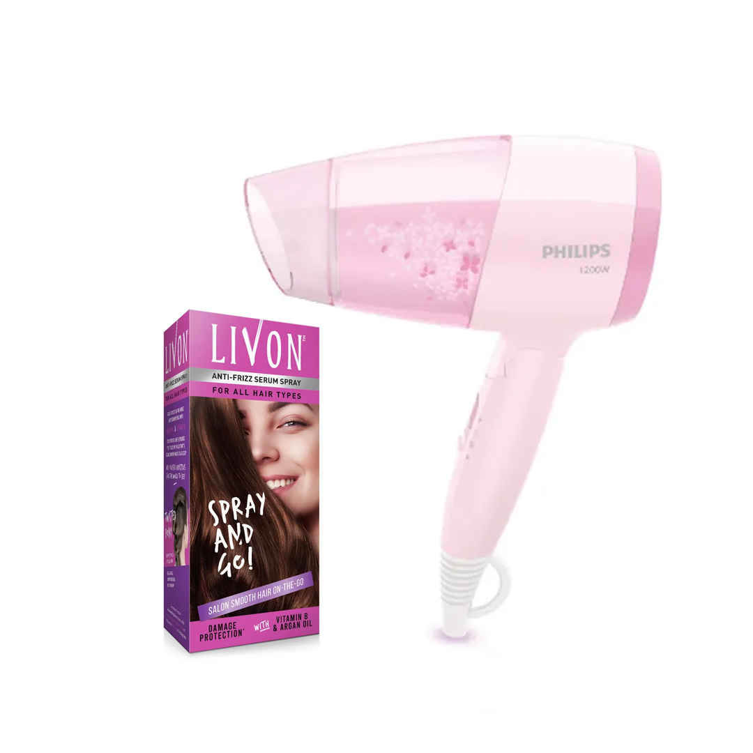 Buy Philips BHC017/00 Hair Dryer Thermoprotect 1200 Watts with Air Concentrator + Diffuser Attachment - Pink + Livon Shake & Spray Hair Serum (100 ml)-New Pack - Purplle