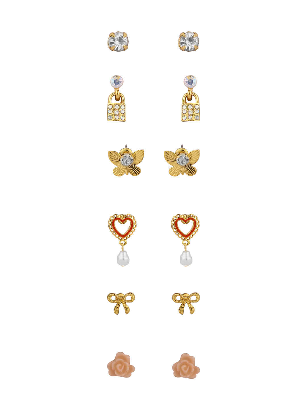 Buy Lilly & Sparkle Gold Toned Flower, Knot, Heart, Butterfly, Lock And Stone Stud Pack Of 6 - Purplle