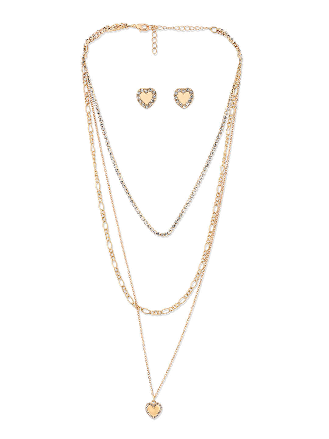 Buy Lilly & Sparkle Gold Toned Three Layered Necklace And Earrings With Cup Chain and Heart Charm - Purplle