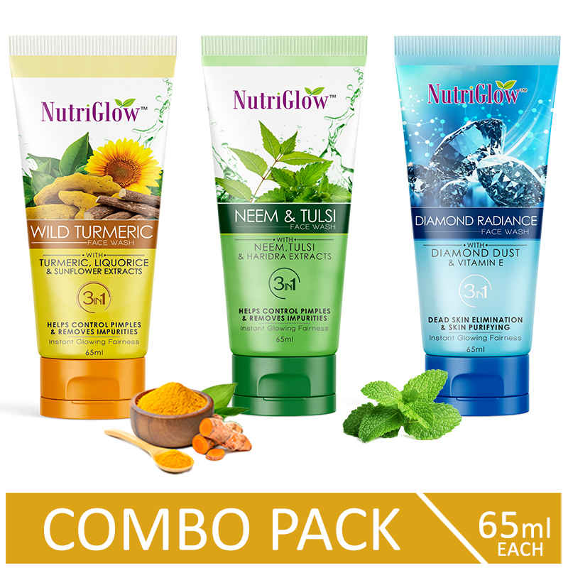 Buy NutriGlow Combo of 3 Face Wash- Diamond Radiance/ Wild Turmeric & Neem & Tulsi For Gentle Cleansing (65 ml each) - Purplle