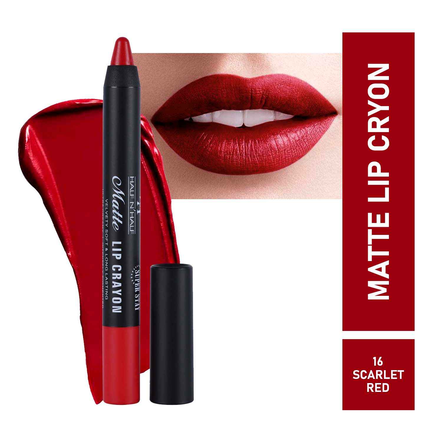 Buy Half N Half Matte Lip Crayon Velvet Soft & Long Lasting, 24h Super Stay, 16 Scarlet Red (3.5 gm) - Purplle